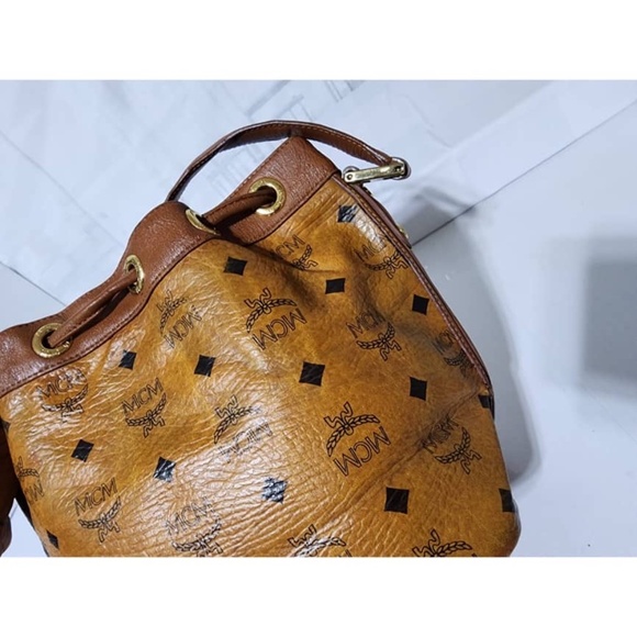 Authentic MCM Visetos Essential Drawstring Bucket Bag Cognac - Picture 10 of 16